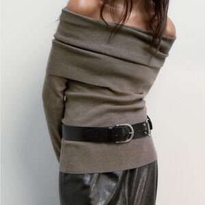 Zara Off-Shoulder Taupe Sweater